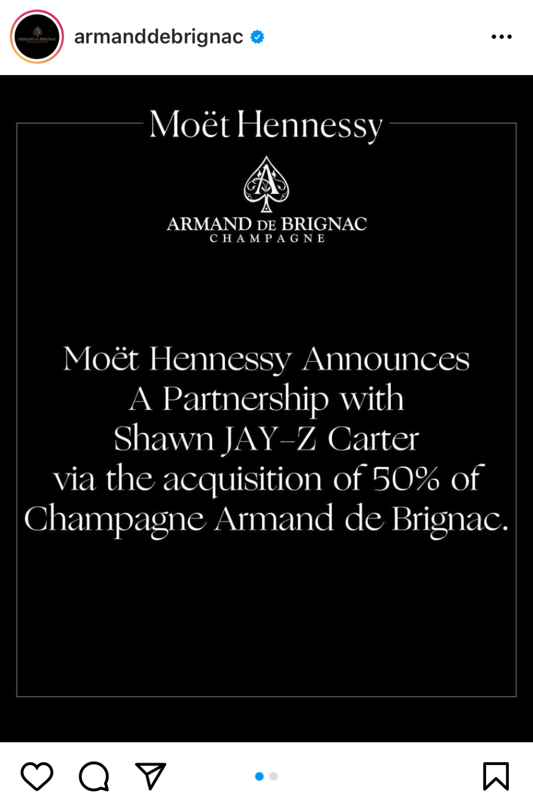 酩悦轩尼诗集团宣布收购黑桃 A 香槟 50% 的股份